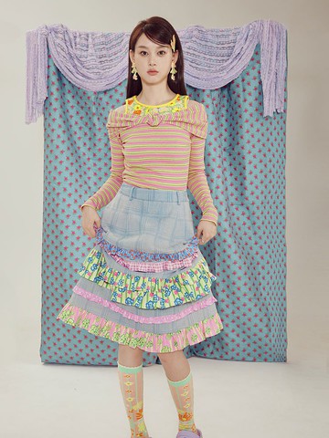 格紋牛仔A字高腰半裙花朵花邊印花顯瘦