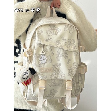 免運🌞書包女韓版初中生百搭印花小熊雙肩包大容量初中生高中大學生背包 防潑水大口袋多隔層時尚休閒學生上課畢旅外出通勤書包