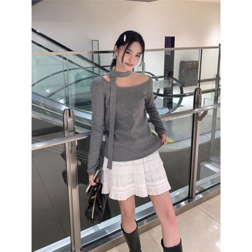 SIXI四喜家秋季 欲感輕熟 不對稱斜肩飄帶毛衣女顯瘦氣質針織衫