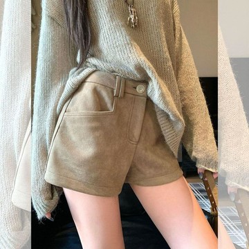 高腰闊腿短褲 女秋冬韓系 A字短褲 修身顯瘦 包臀短褲 休閒褲 皮靴褲 鹿皮絨短褲 百搭短褲