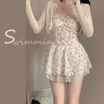 韓國ins夏季甜美純欲風碎花顯瘦遮肚長袖罩衫裙式連體泳衣兩件套