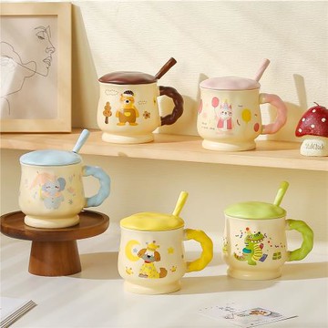 萌趣卡通動物陶瓷杯 現貨供應 帶蓋勺 可愛風家用創意水杯