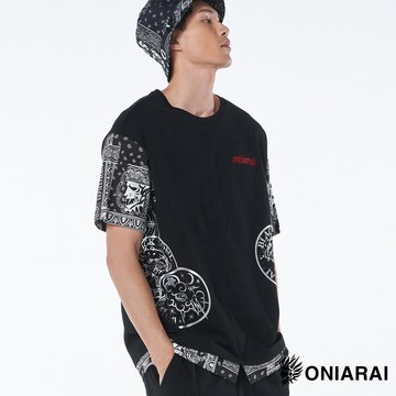 【買1送1↘滿額再折㊙】腰果花拼接寬鬆短TEE(黑) - BLUE WAY 鬼洗い