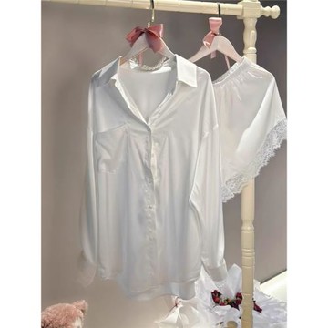 男友風襯衫性感睡衣女春夏冰絲綢純欲薄款睡裙女款寬松家居服套裝