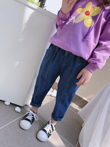 春秋季新款 男女童個性純色牛仔褲 兒童舒適百搭松緊腰休閑褲1入