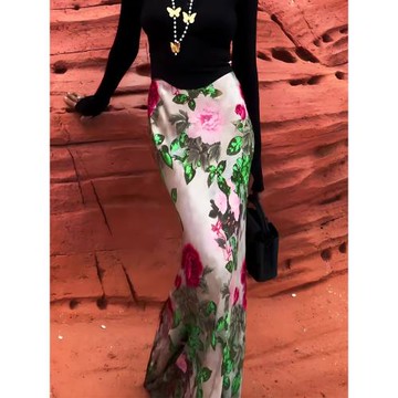 印花半身裙女2024新款夏季光澤感高腰氣質簡約百搭寬松醋酸a字裙