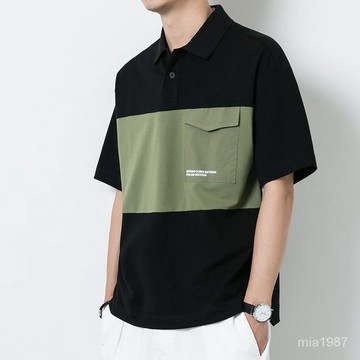 【優選好物】夏季新款polo衫男士撞色翻領短袖T恤日係大碼寬鬆休閒口袋打底衫 ETUE