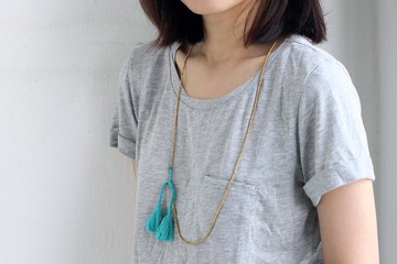 藍色流蘇串珠項鍊長款緊身包黃銅手鍊項鍊