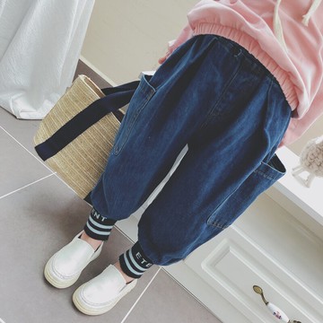 男女童寶寶春秋季新款個性長褲 兒童運動風收口束腳牛仔褲潮1入