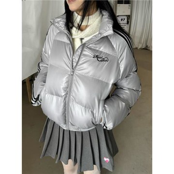 辣到中暑秋冬美式復古辣妹立領拉鏈銀色棉服保暖寬松面包服外套潮