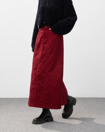 剪接設計直筒燈芯絨長裙-紅 S/M/L