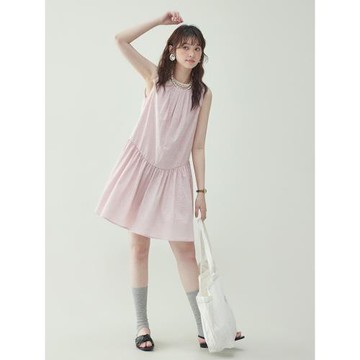 「北島AMUU原創」名媛風粉色條紋無袖連衣裙女25夏季新款甜美短裙