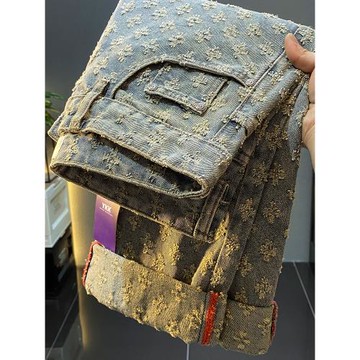 美式高街牛仔褲男女同款潮牌春秋休閑寬松直筒情侶闊腿加絨長褲子