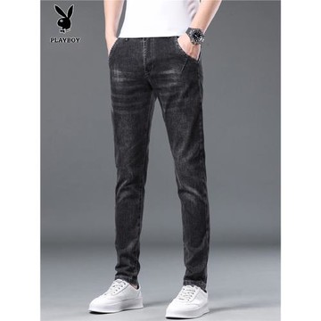 花花公子秋冬加絨黑色牛仔褲男士修身彈力小腳男款休閑潮流長褲子