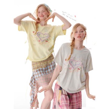 ziziFei夏寬松設計感美式顯瘦抽繩上衣圓領立體愛心印花短袖T恤女