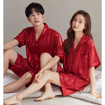(免運)情侶睡衣紅色冰絲短袖女夏季結婚男本命年新婚喜慶高端家居服套裝