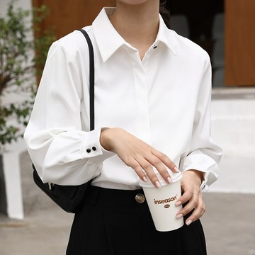 職業白色長袖襯衫女 設計感 小眾氣質翻領 鹽系襯衣法式 通勤上衣