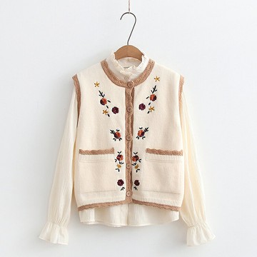 復古繡花毛衣馬甲套裝女小個子百搭外穿圓領針織衫背心襯衫兩件套