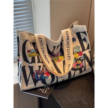 字母卡通帆布包包女短途外出手提購物袋大容量上課通勤單肩托特包