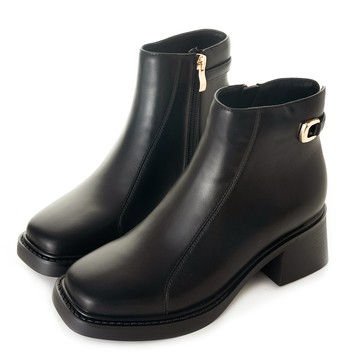 時髦簡約皮帶扣方頭粗跟短靴 黑 GB554BK