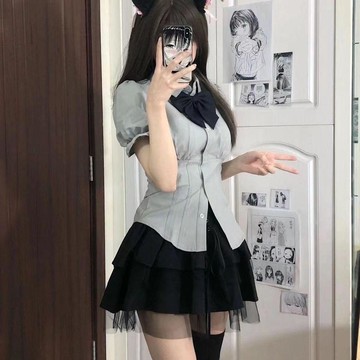 【砂糖夢境】套裝日系學院風jk制服女短袖襯衫收腰純欲風蓬蓬蛋糕短裙子兩件套