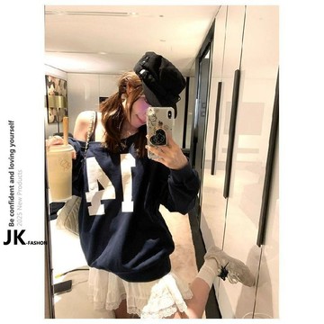 【JK極客】顯高衛衣 女生上衣 衛衣 女裝【斜領】曼巴棉300克 印花長袖寬鬆套頭衛衣女