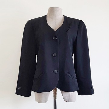 BILL BLASS 復古黑色羊毛外套 女款 無領西裝外套 M 號