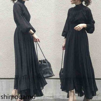 シフォンワンピース レディース 40代 キレイめ マキシ丈ワンピース 秋 長袖 黒ワンピース シフォン 結婚式ドレス オシャレ 上品 着痩せ