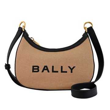 BALLY 6306493 BAR ELLIPSE 經典LOGO帆布款斜背彎月包.卡其/黑