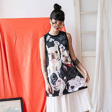 古著 前後印花五隻法鬥小狗fren背心裙