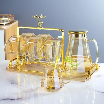 ins輕奢彩色水杯套裝喝水杯子家用客廳水壺茶杯待客高顏值玻璃杯