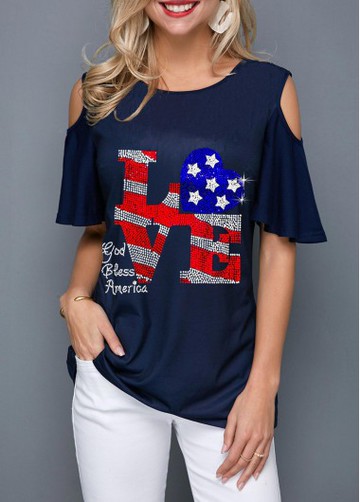 Round Neck Flag Print Cold Shoulder T Shirt