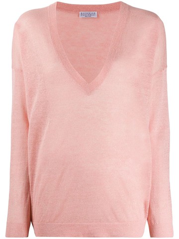 Brunello Cucinelli - v-neck jumper - women - Linen/Flax/Polyamide/Polyester - L - Pink