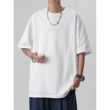 白色t恤男夏季新款純棉五分袖圓領體恤寬松美式印花重磅運動短袖