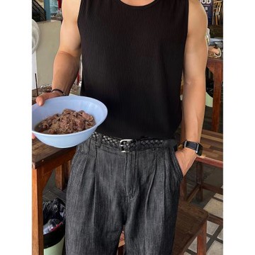 白色螺紋重磅背心男夏季2025新款圓領寬松打底衫運動健身無袖體恤