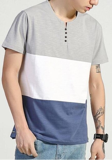 FINDSENSE MD 日系 時尚 潮 男 鈕扣小V領 三色拼接撞色 短袖T恤 特色短T