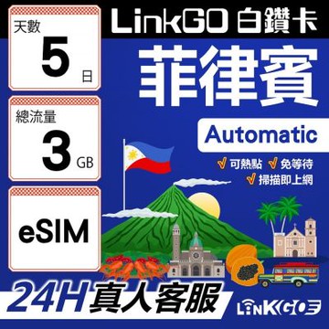 LINKGO白鑽卡 菲律賓 eSIM卡 5天上網卡 總流量3GB 高速流量(菲律賓網卡 宿霧 巴拉望 馬尼拉)