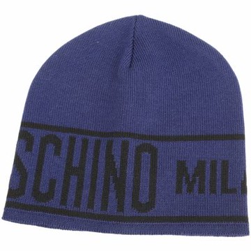 MOSCHINO 撞色字母針織混紡輕便羊毛帽(深藍色)