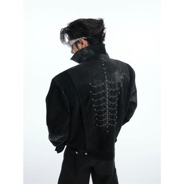 ArguE CulturE蛇瞳脊骨 小眾紋蛇皮拼接夾克鉚釘刺繡PU皮衣外套男