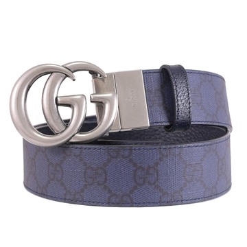 GUCCI 627055 GG Marmont 印花拼接皮革雙面皮帶.深藍