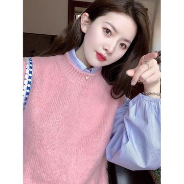 2025早春減齡疊穿粉色針織馬甲女韓版甜美寬松短款坎肩無袖背心潮