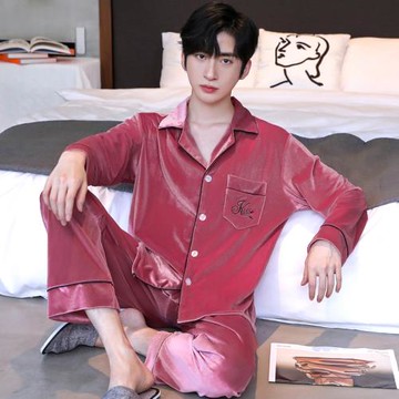 樂姿夢春秋冬季金絲絨男士睡衣長袖加厚開衫寬松休閑青少年家居服