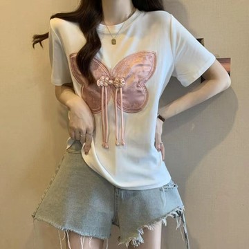 SY刺繡蝴蝶新中式短袖T恤女夏季大碼上衣胖MM顯瘦別緻絕美國風改良短袖上衣圓領T恤