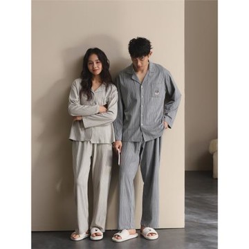 情侶睡衣男女春秋季針織棉長袖長褲青少年新款開衫條紋家居服套裝