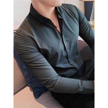 高級感時尚暗條紋襯衫男士商務休閑正裝長袖彈力痞帥修身免燙襯衣