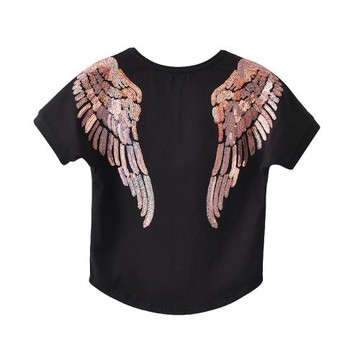 ins超火夏季短袖T恤天使翅膀亮片洋氣寶寶半袖親子裝女童圓領上衣