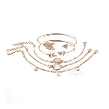 鑲鑽箭頭~樹葉圓圈手鏈~ 簡潔花紋圓片吊墜~手鏈5件套《H2523》