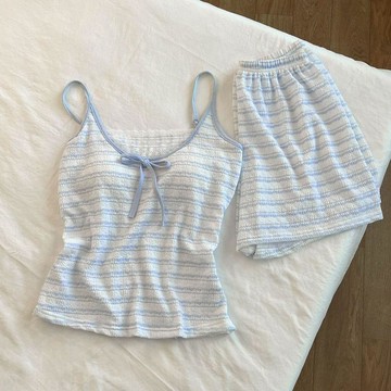 Xuan♥睡衣女簡約藍色條紋夏季少女短袖短褲帶胸墊新款家居服套裝可外穿高品質
