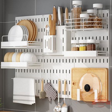 廚房洞洞板免釘壁掛置物架調料碗碟架收納墻神器多功能白色免打孔