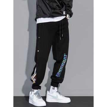 秋季款運動束腳休閑褲男士衛褲寬松籃球潮牌高街美式工裝排扣褲子